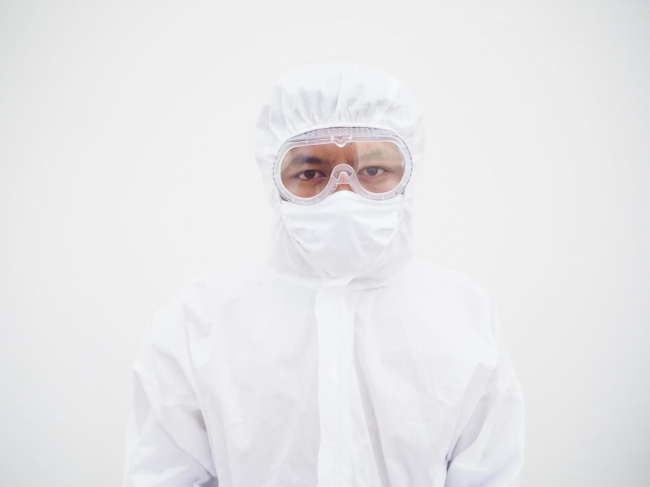 Closeup of asian male doctor or scientist in PPE suite uniform. coronavirus or COVID-19 concept isolated white background photo
