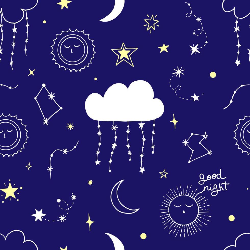 Seamless pattern of night starry sky. For design of surfaces, prints, wrapping paper, postcards vector