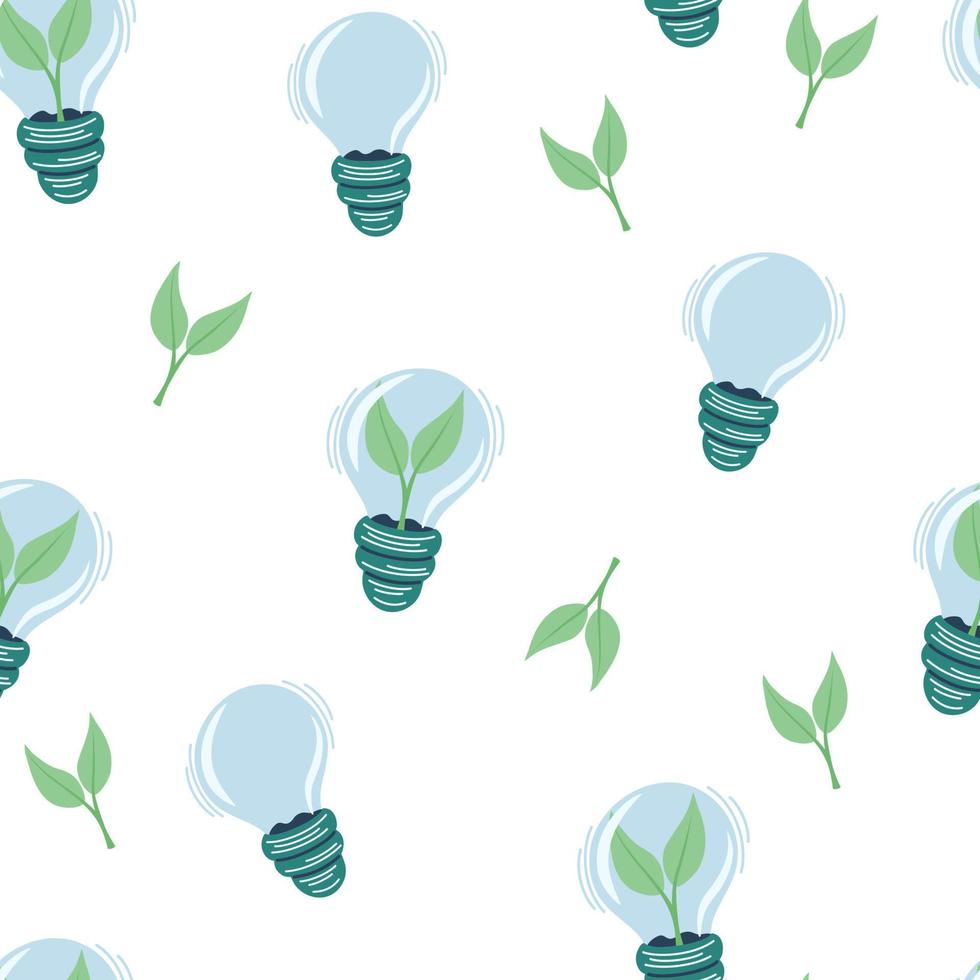Plant inside Light bulb seamless pattern. Green energy. Concept of Green energy and environmentally friendly sources. Editable stroke. Vector illustration isolated on the white background.