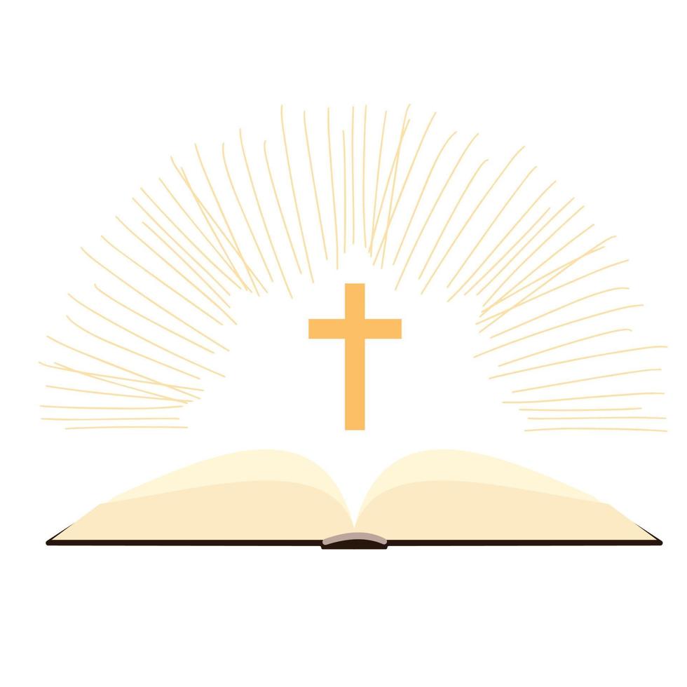 Bible concept. Light bright from open book holy bible and Christian cross. Vector illustration.