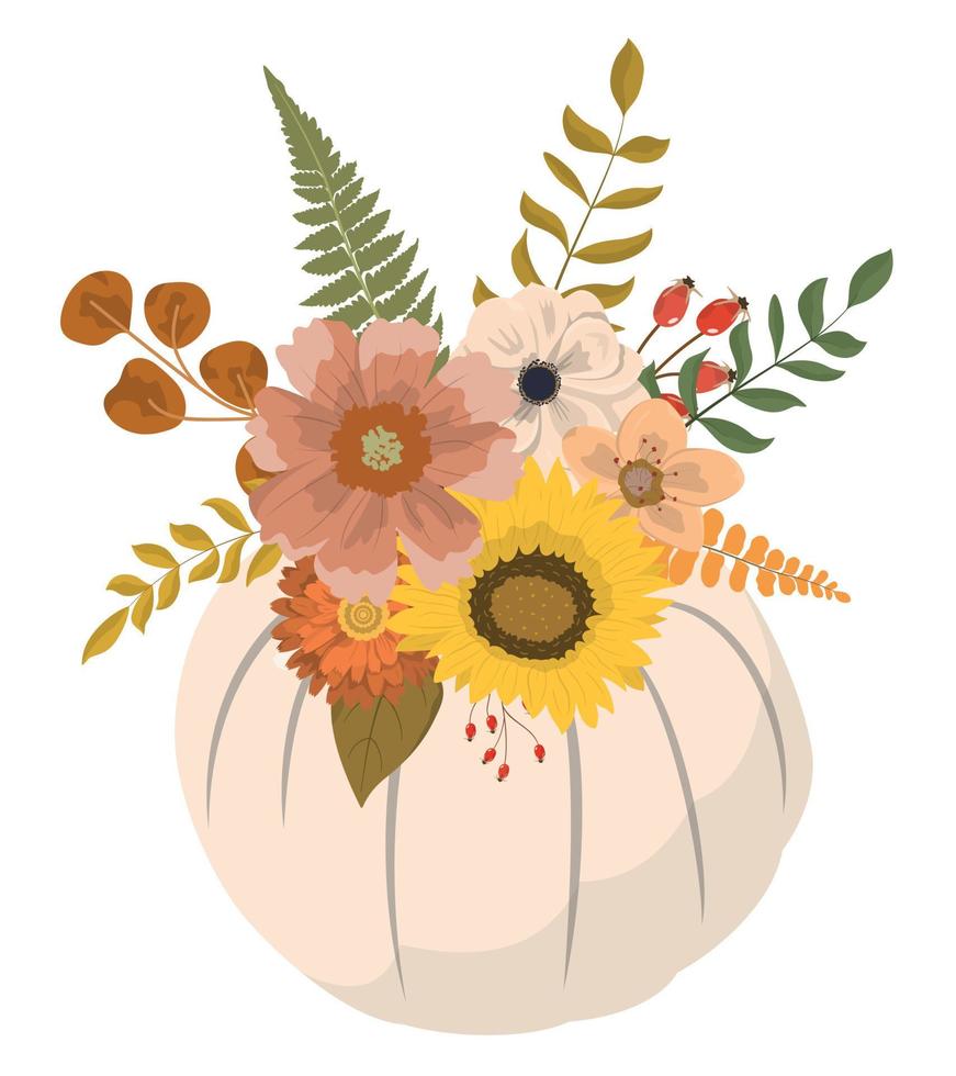 Cartoon fall pastel white pumpkin with flowers and forest leaves clipart. Isolated on white background. Seasonal autumn design for greeting or poster. vector