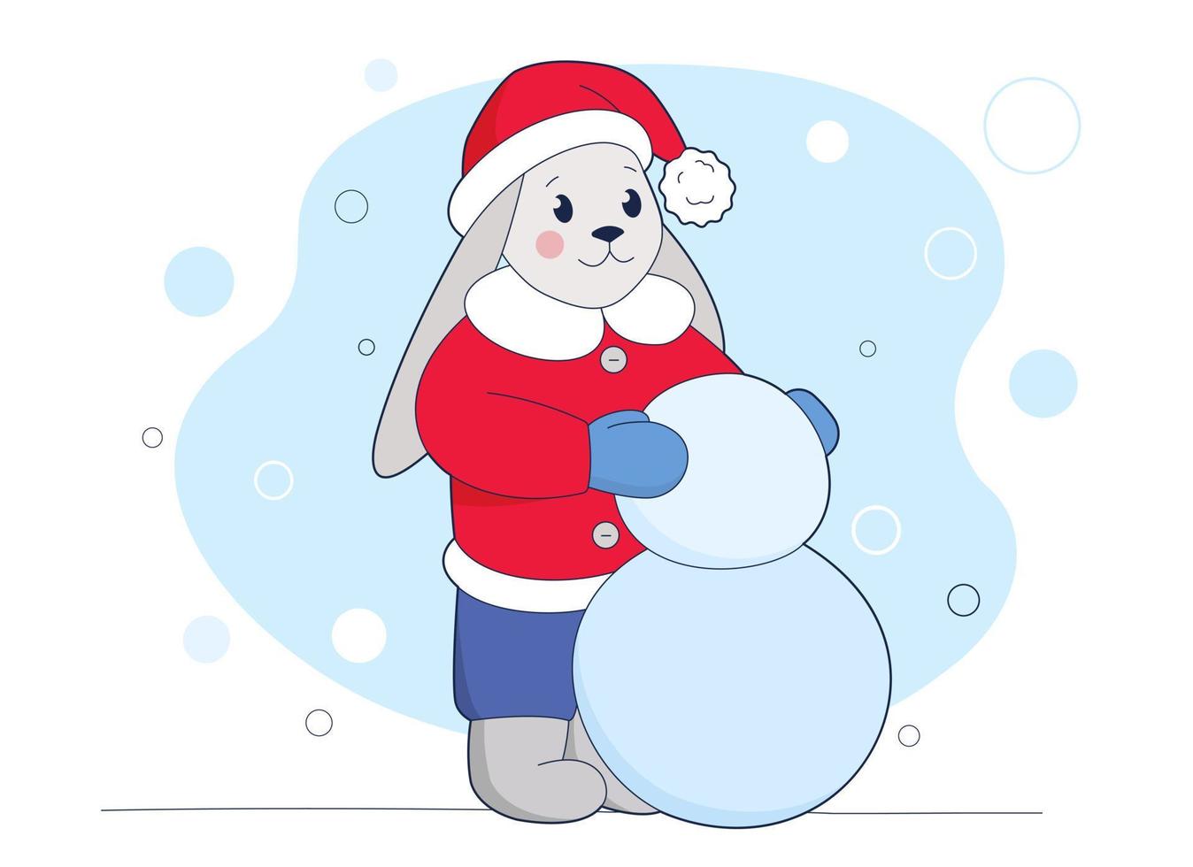 Cute little rabbit in red hat is making snowman vector