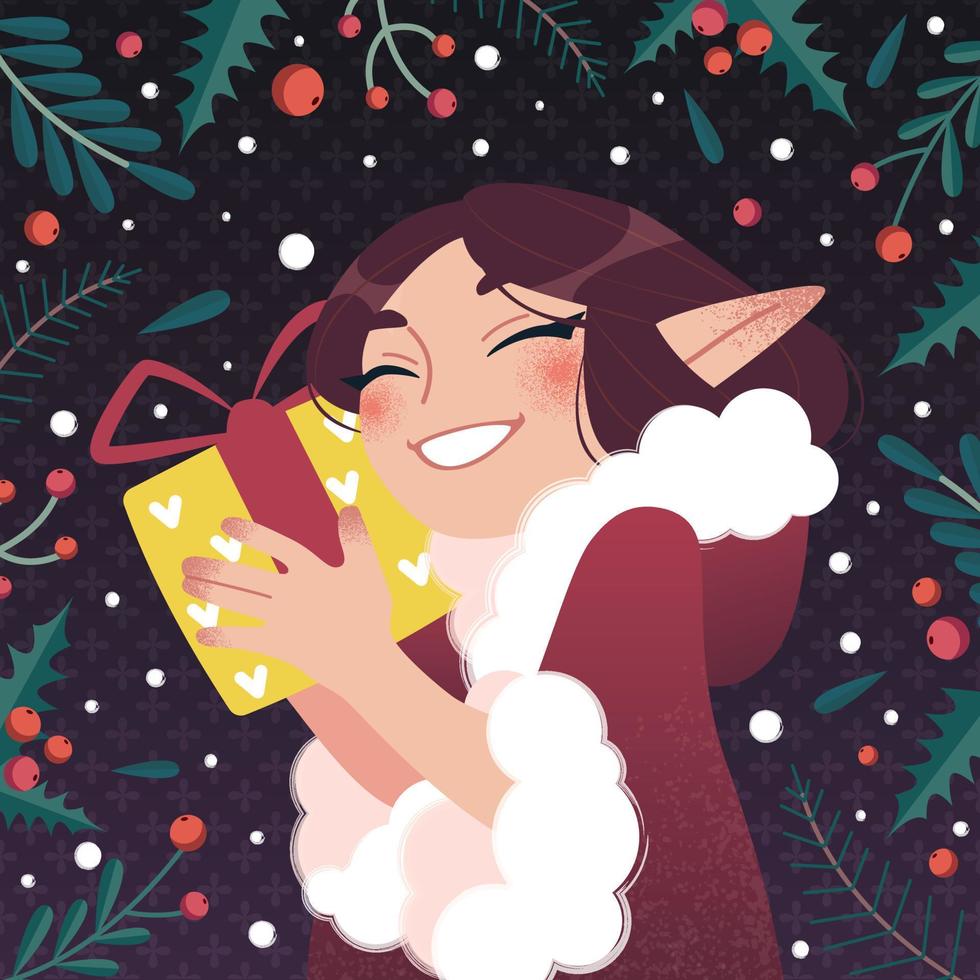 niña elfa con regalo, feliz navidad, año nuevo vector