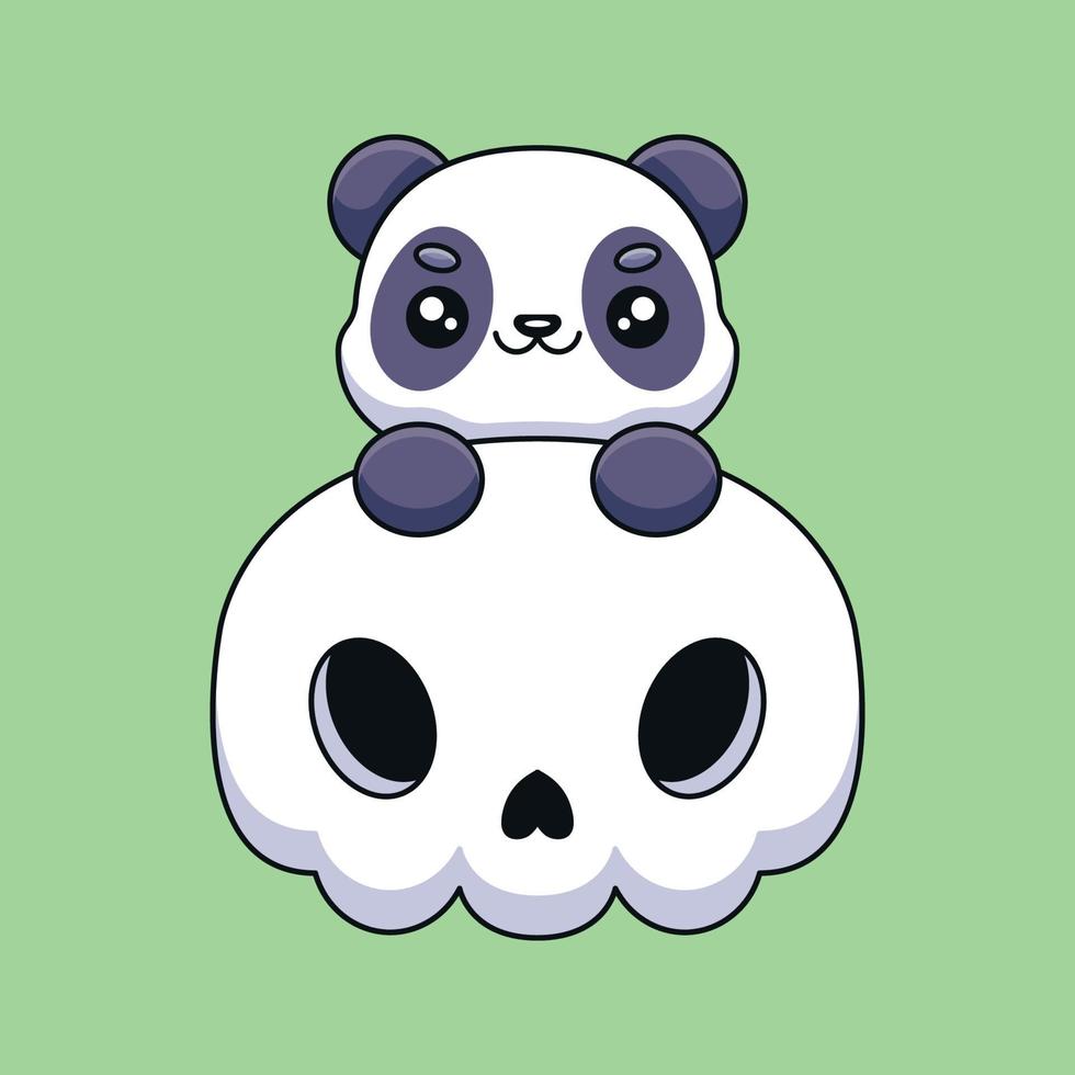 cute skull panda halloween cartoon mascot doodle art hand drawn concept vector kawaii icon illustration