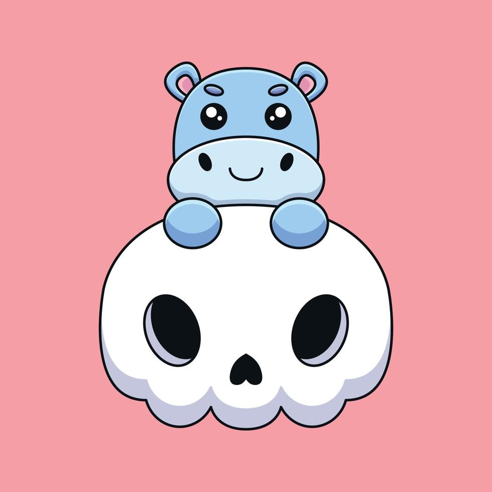 cute skull hippo halloween cartoon mascot doodle art hand drawn concept vector kawaii icon illustration