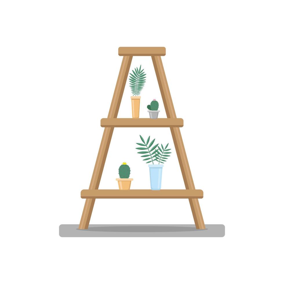 Wooden rack with houseplants. vector illustration