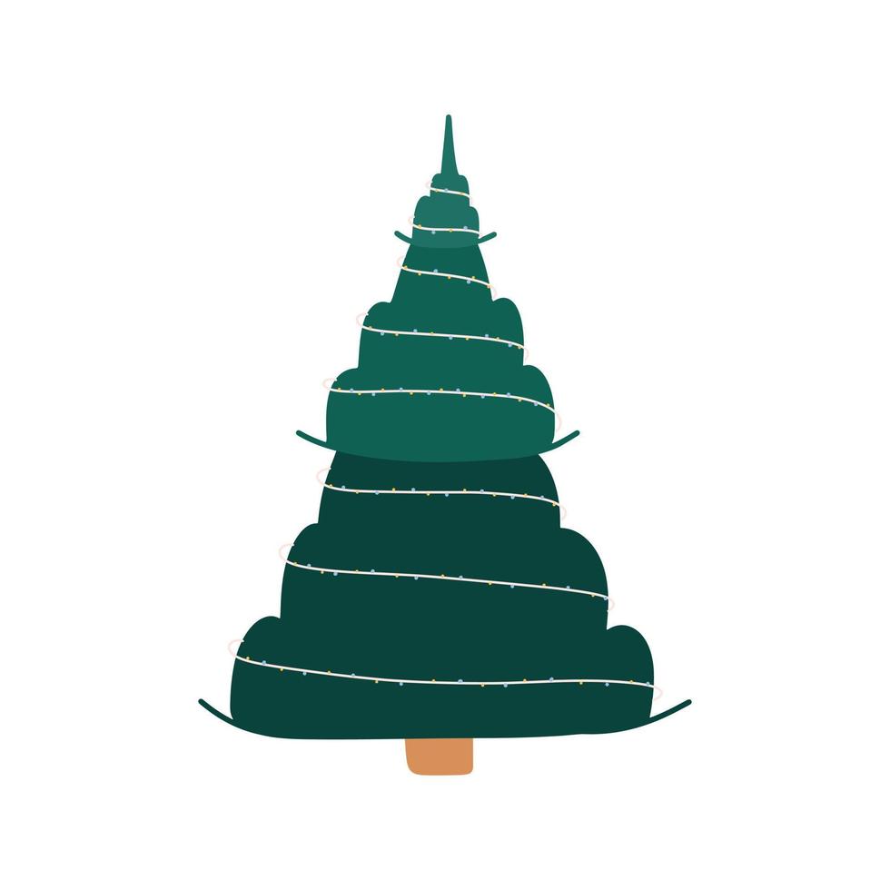 Christmas tree with a garland of light bulbs. Vector illustration in hand drawn style