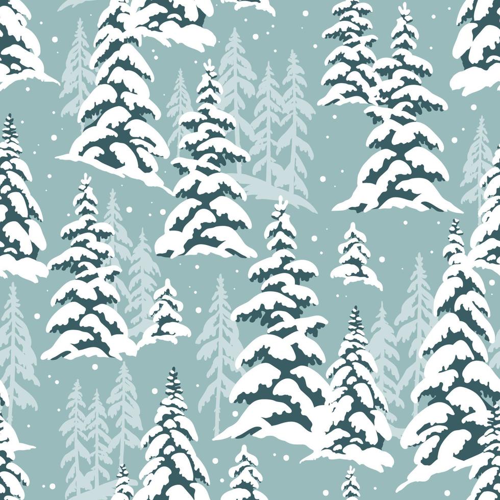 bosque de invierno cubierto de nieve con pinos nevados sobre fondo azul claro. patrón sin costuras perfecto para el diseño textil, de papel pintado o de impresión. vector