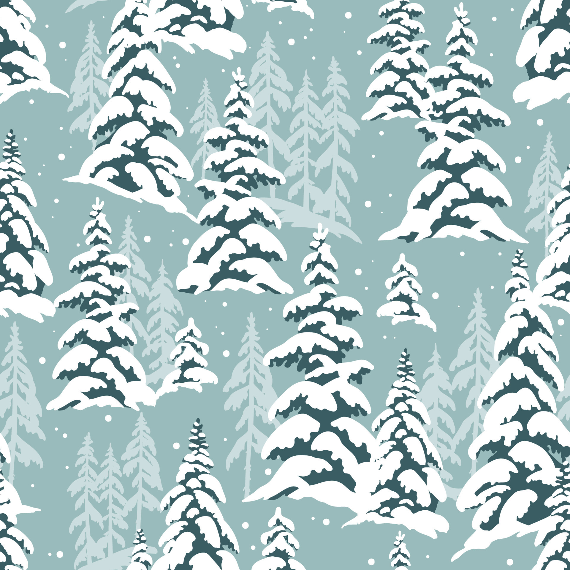 Snowy winter forest with snowy pine trees on light blue background