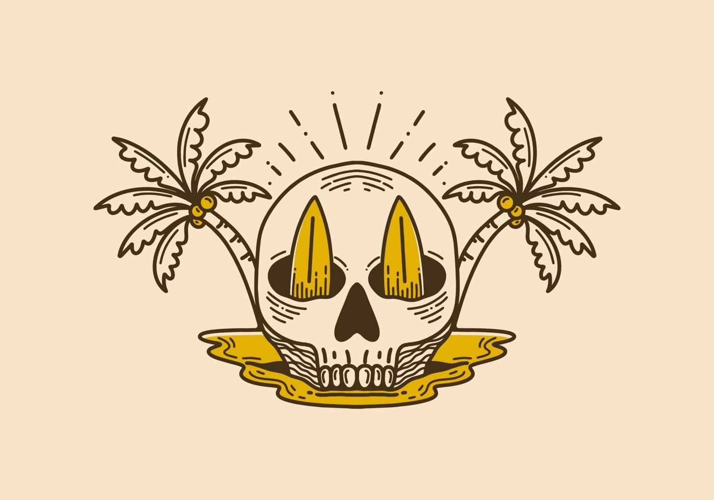 Vintage illustration of a skull with two surfboard and coconut trees vector