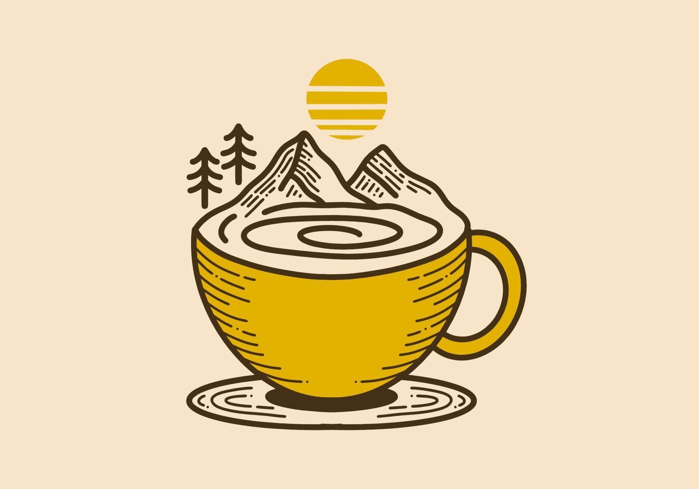 taza de café retro y diseño de ilustración de montaña vector