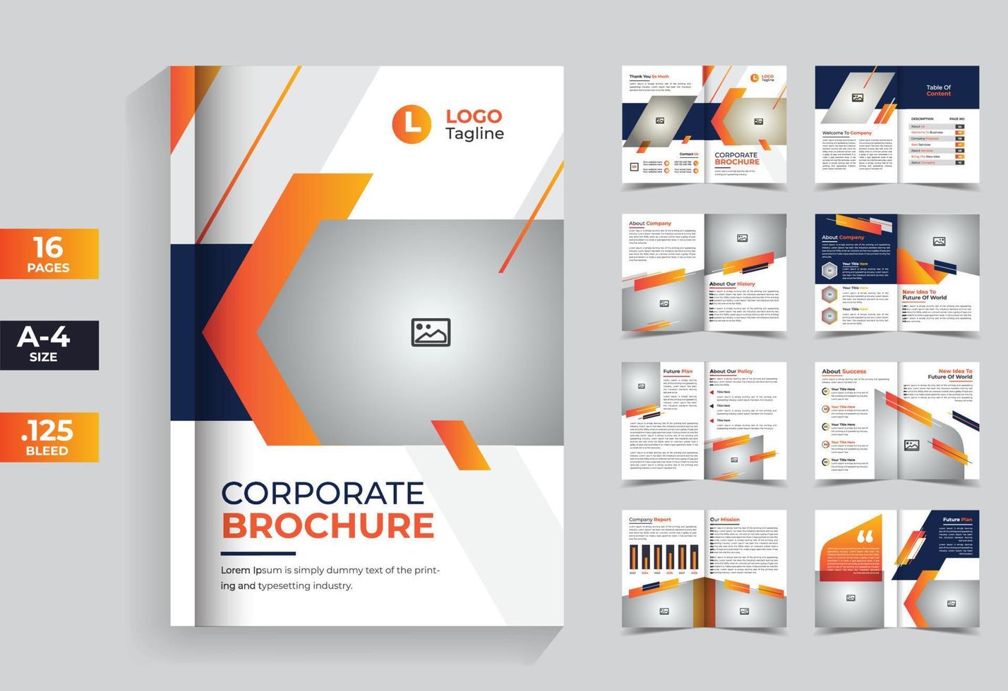 Corporate yellow 16 pages brochure template, business brochure with modern shape vector