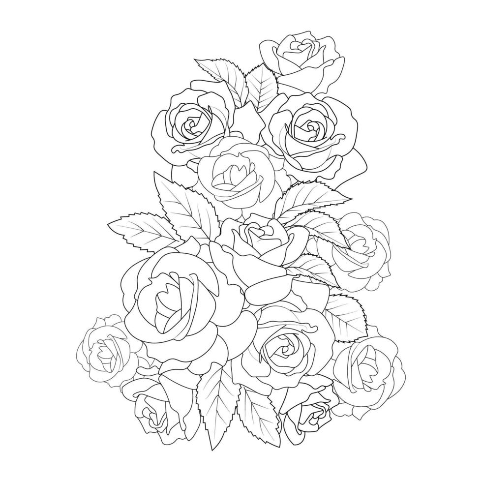 red roses flower coloring page line sketch drawing with decorative anti stress illustration vector