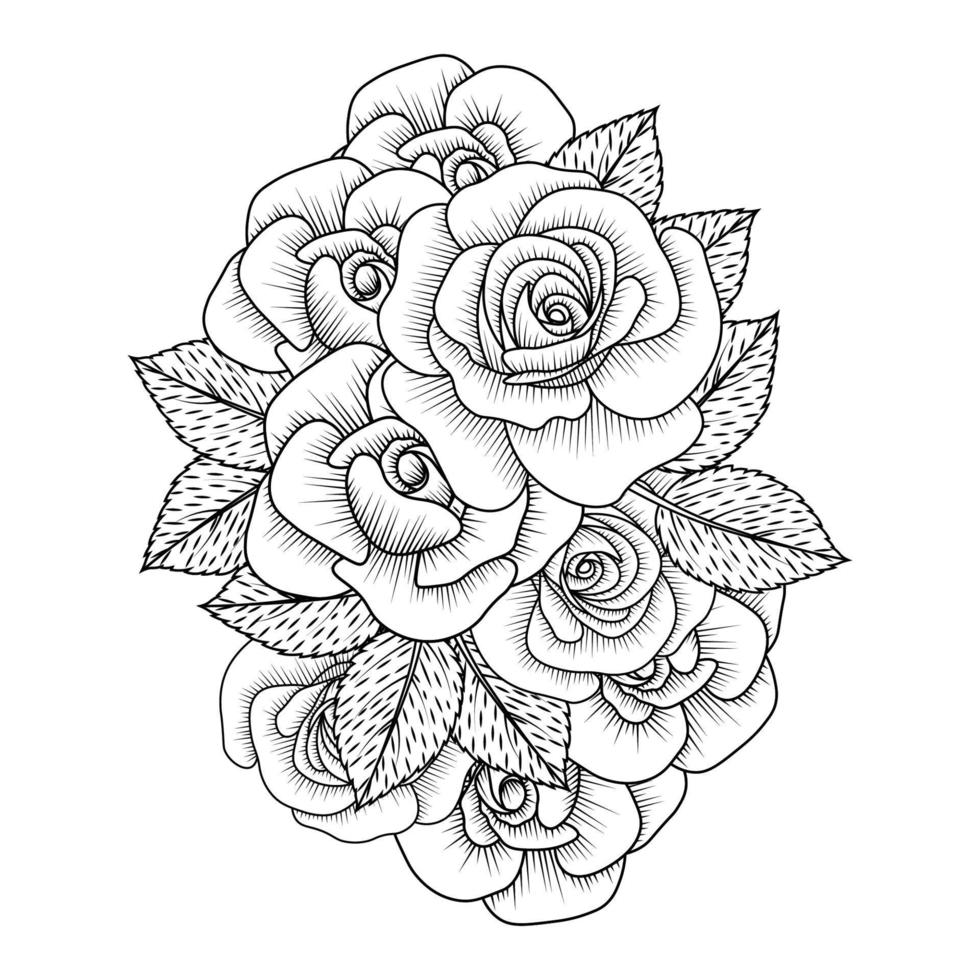 flowers rose hand drawn coloring page with decorative stylish line art vector design