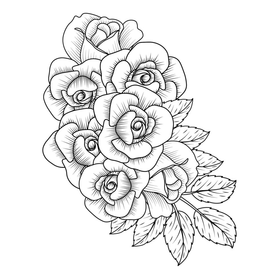 página para colorear de diseño de arte de línea de flor de rosa roja con dibujo de boceto de lápiz decorativo vector