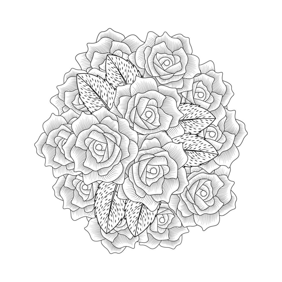 coloring page of red rose flower line art design with decorative pencil sketch drawing vector