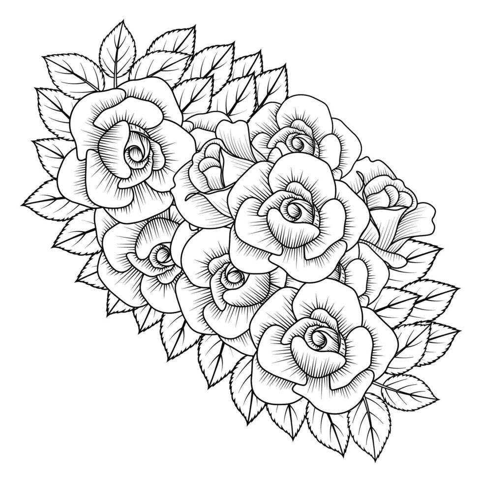 adult coloring book page of pink rose illustration with leaves and pencil sketch drawing vector