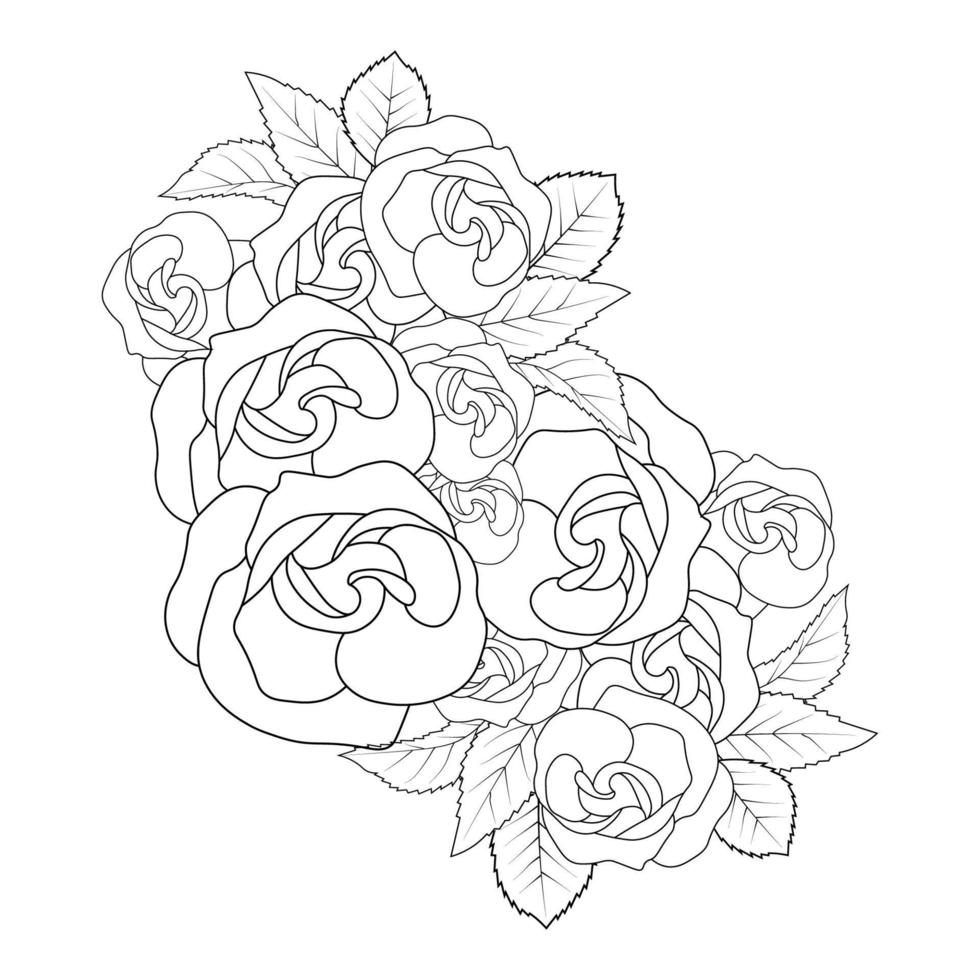 rose illustration of pencil line art with doodle style adult coloring book page with leaves easy sketch vector