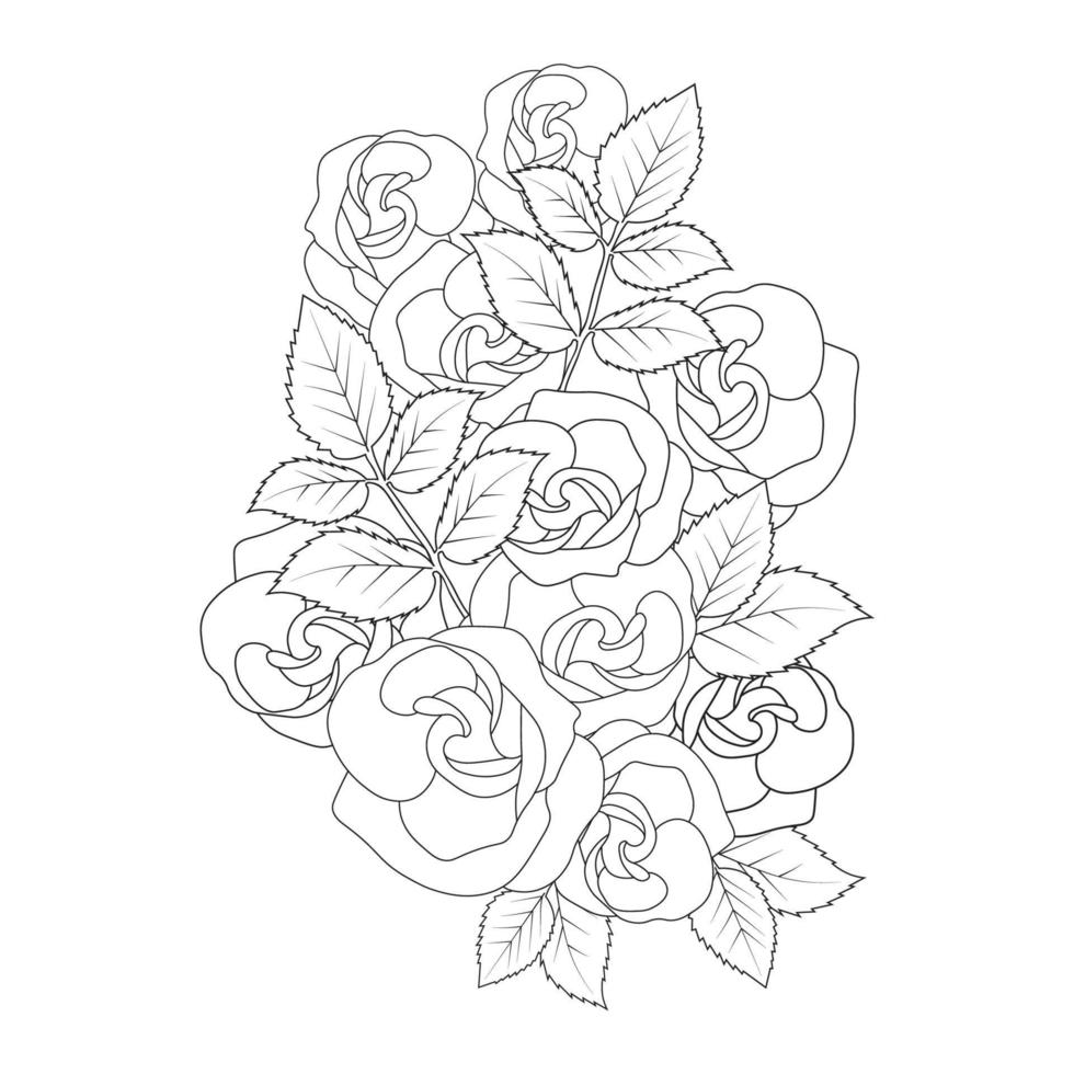 rose illustration of pencil line art with doodle style adult coloring book page with leaves easy sketch vector