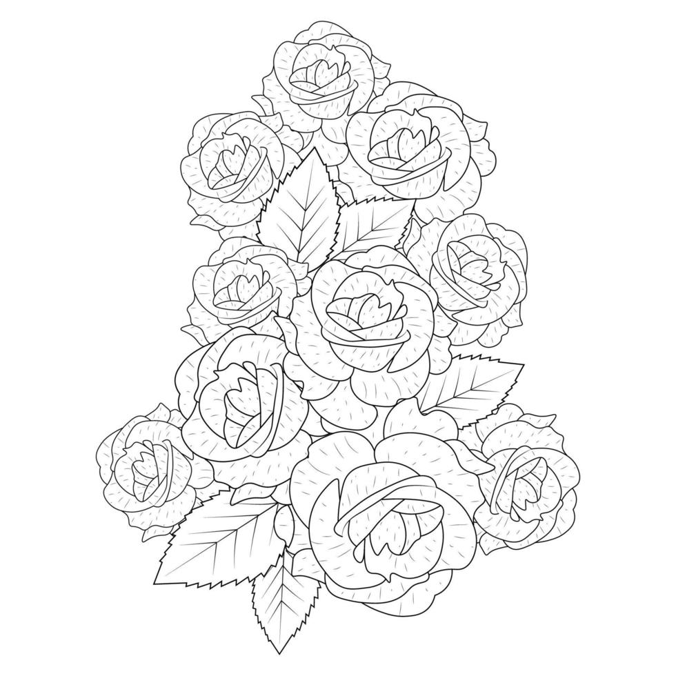 red roses flower coloring page line sketch drawing with decorative anti stress illustration vector