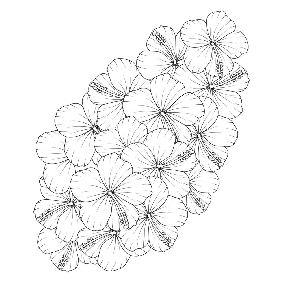 hibiscus flower blooming petal and leaves with hibiscus plant of wildflower line art stroke design vector