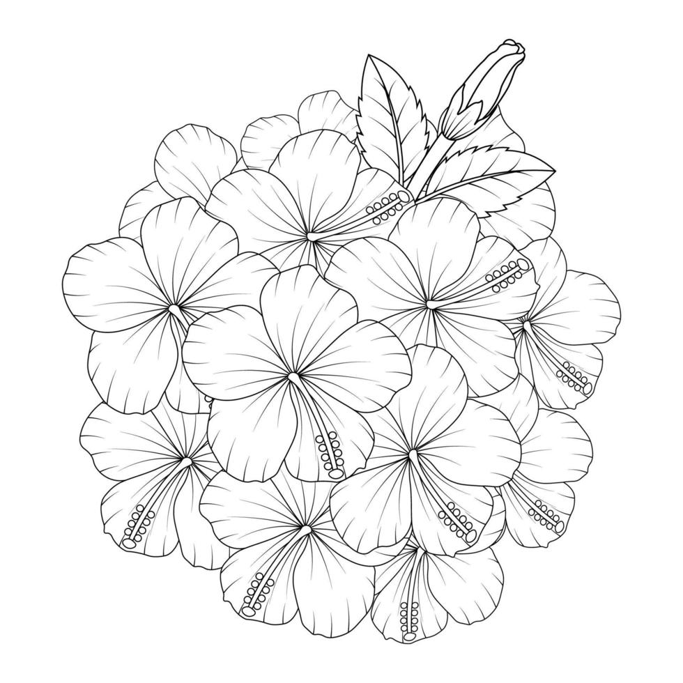 hibiscus flower blooming petal and leaves with hibiscus plant of wildflower line art stroke design vector