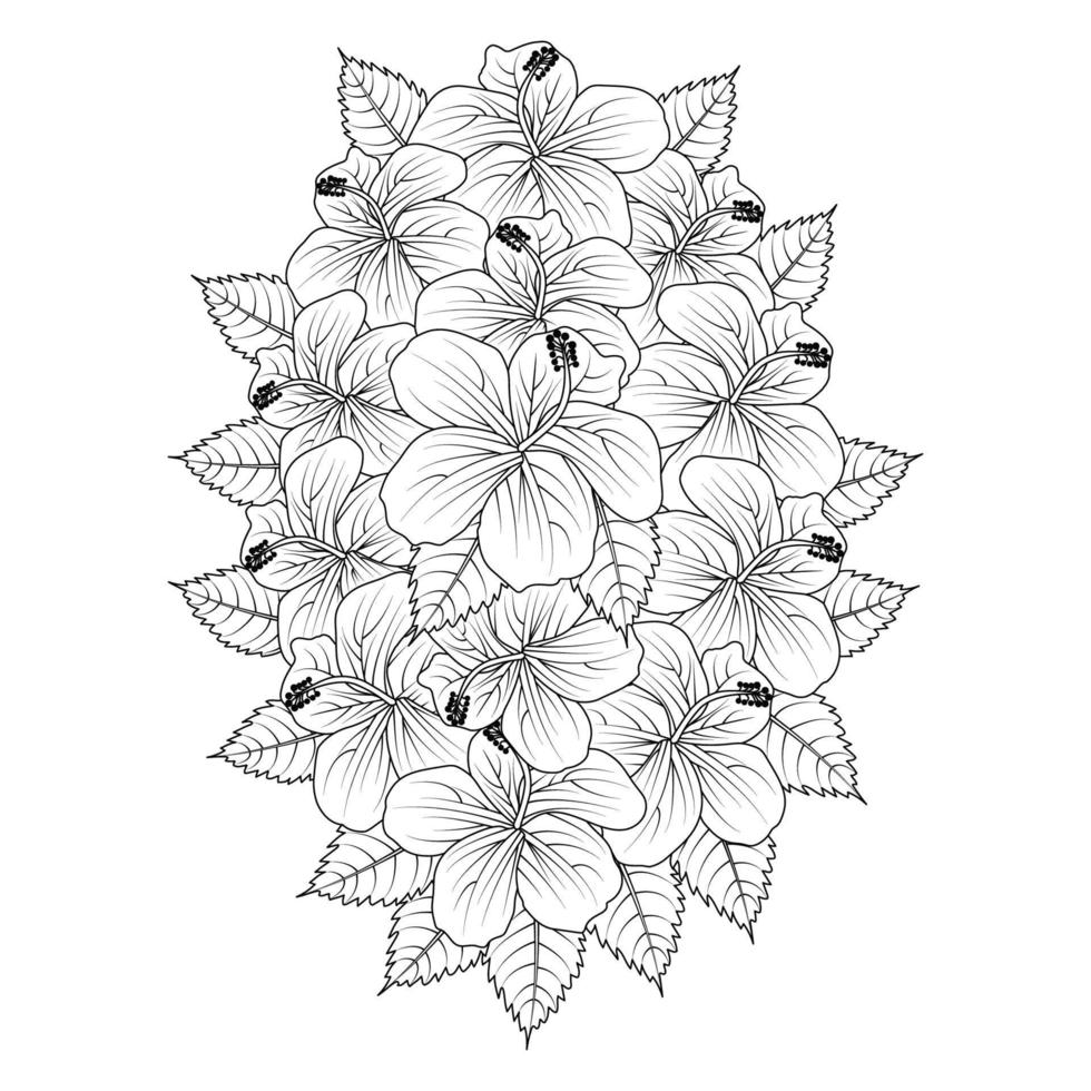 hibiscus flower blooming petal and leaves with hibiscus plant of wildflower line art stroke design vector