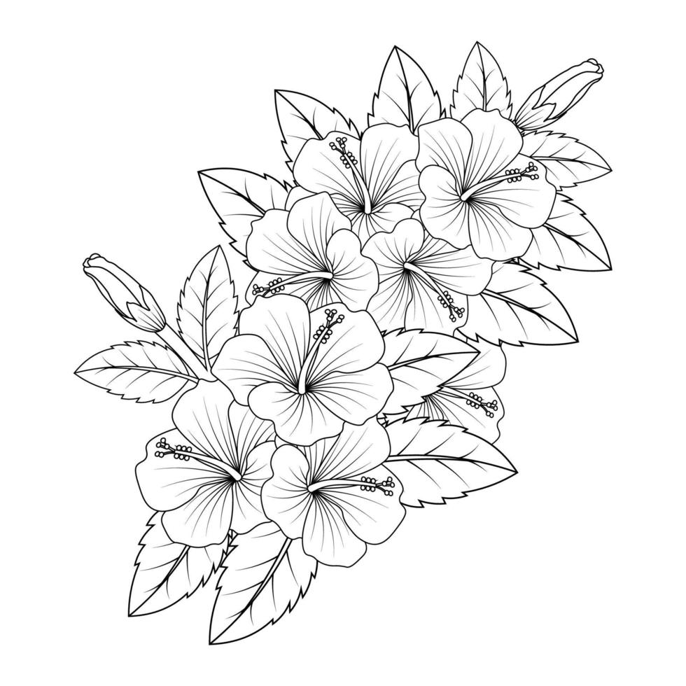 hibiscus flower coloring page illustration with line art stroke of black and white hand drawn vector