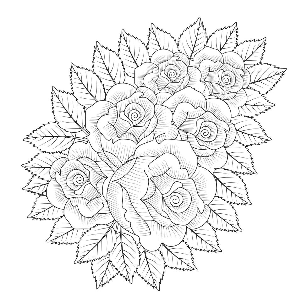 flowers rose hand drawn coloring page with decorative stylish line art vector design