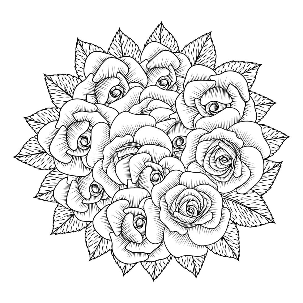 flowers rose hand drawn coloring page with decorative stylish line art vector design