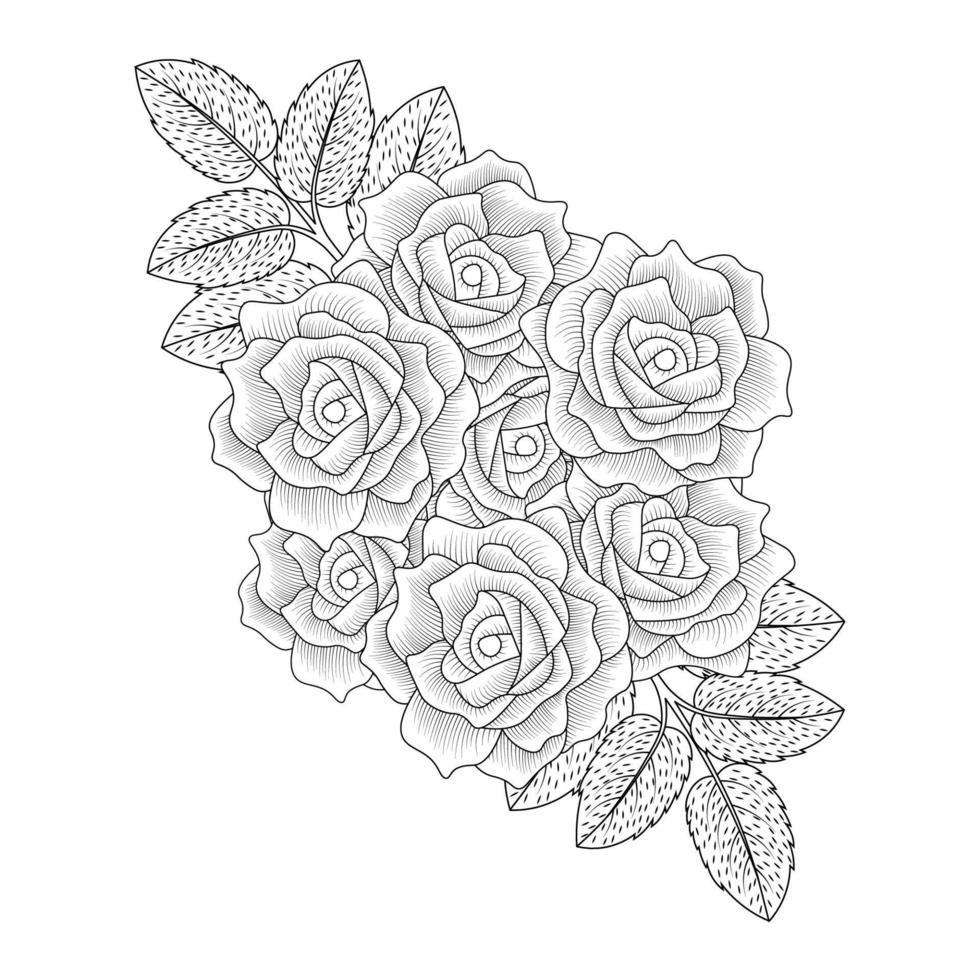 flowers rose hand drawn coloring page with decorative stylish line art vector design