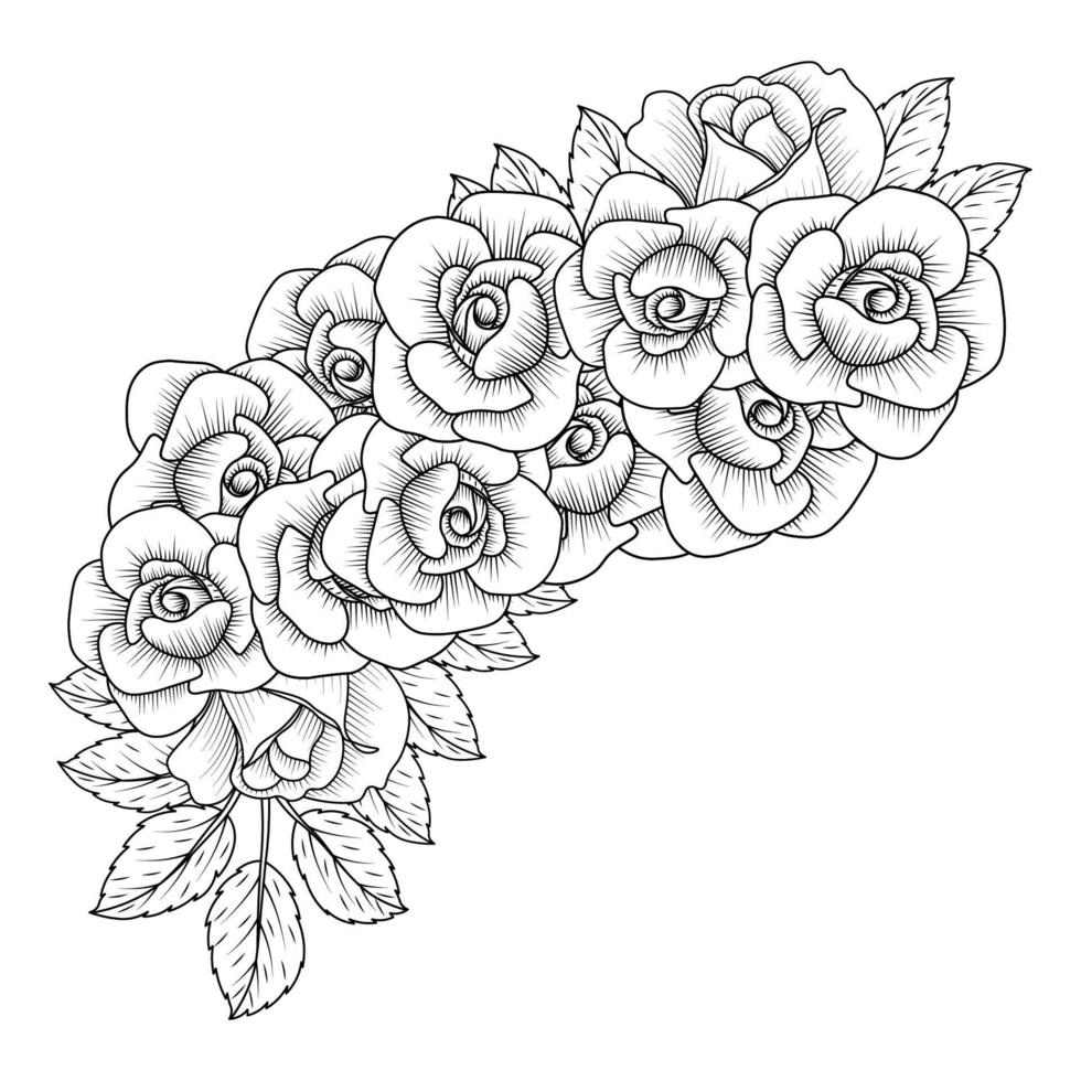 coloring page of red rose flower line art design with decorative pencil sketch drawing vector