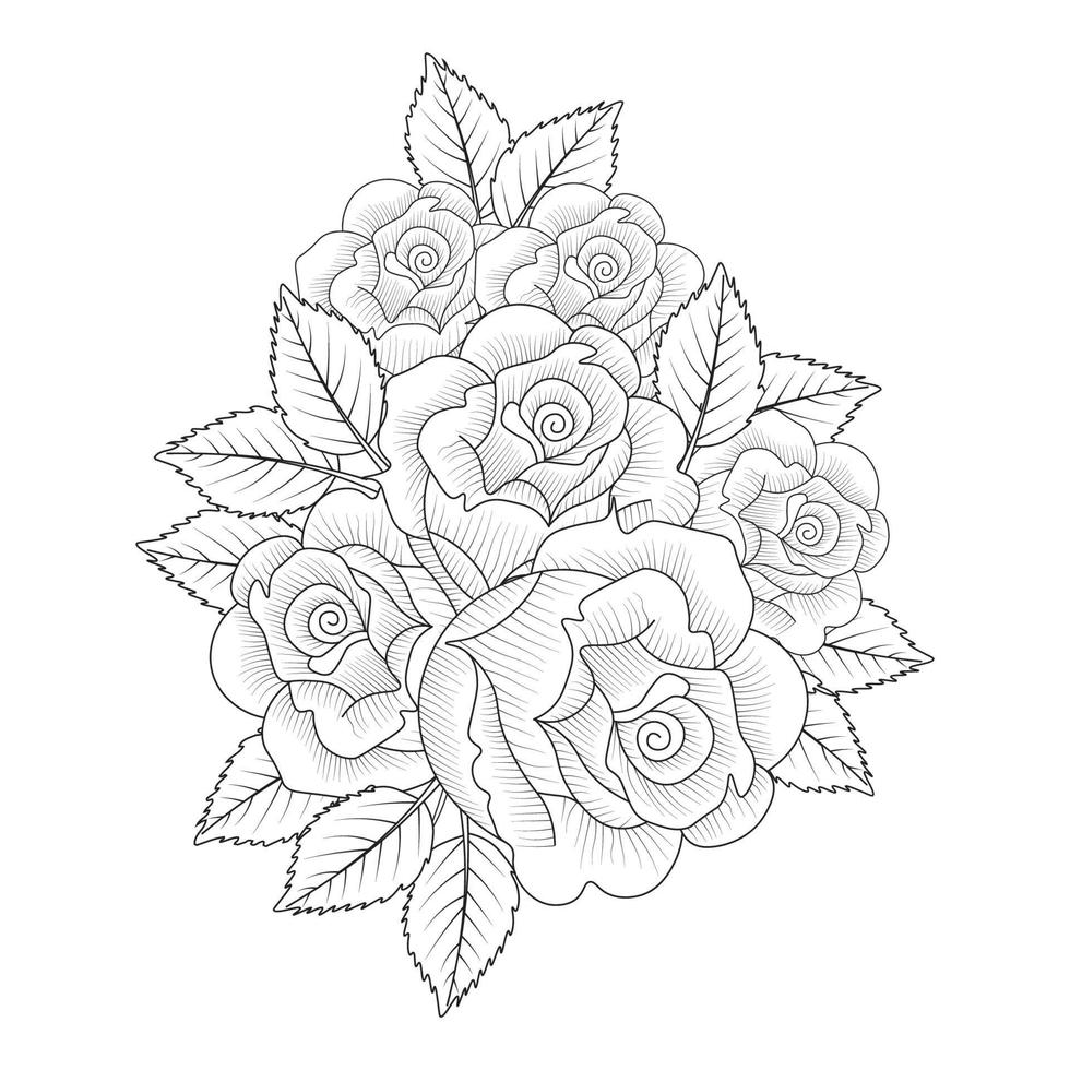 adult coloring book page of pink rose illustration with leaves and pencil sketch drawing vector