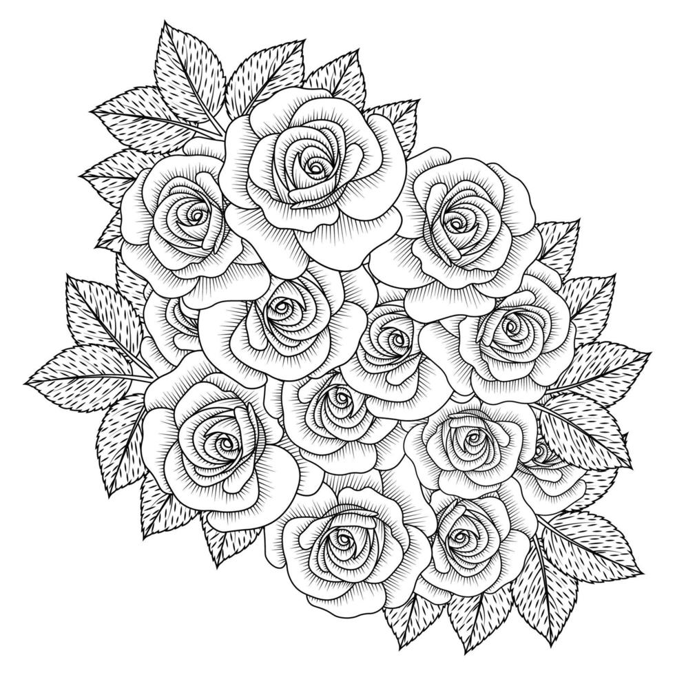 flowers rose hand drawn coloring page with decorative stylish line art ...