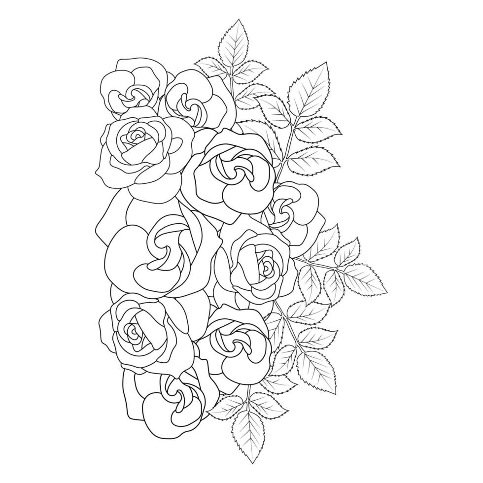 rose illustration of pencil line art with doodle style adult coloring book page with leaves easy sketch vector