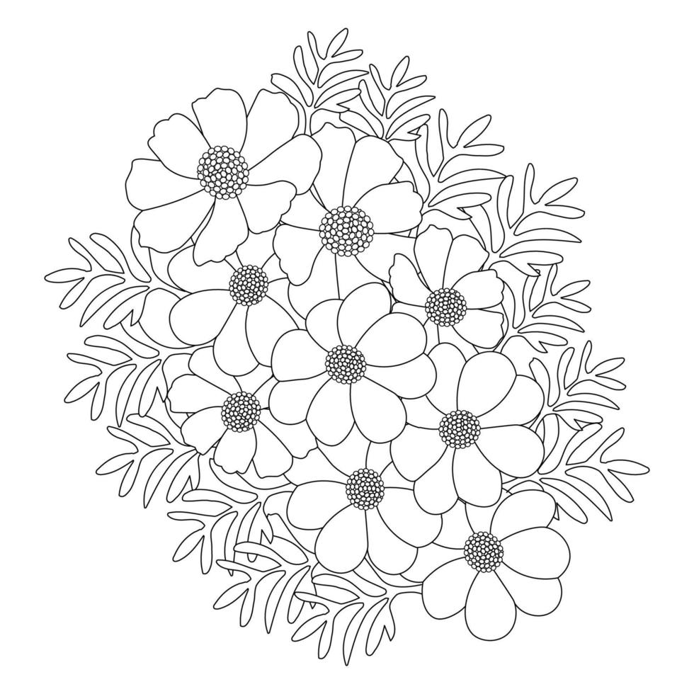 página para colorear de ilustración de flor de cosmos de jardín con diseño de arte de línea de pétalo floreciente vector
