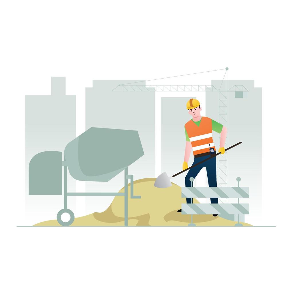 Illustration of Construction Worker stirring cement vector