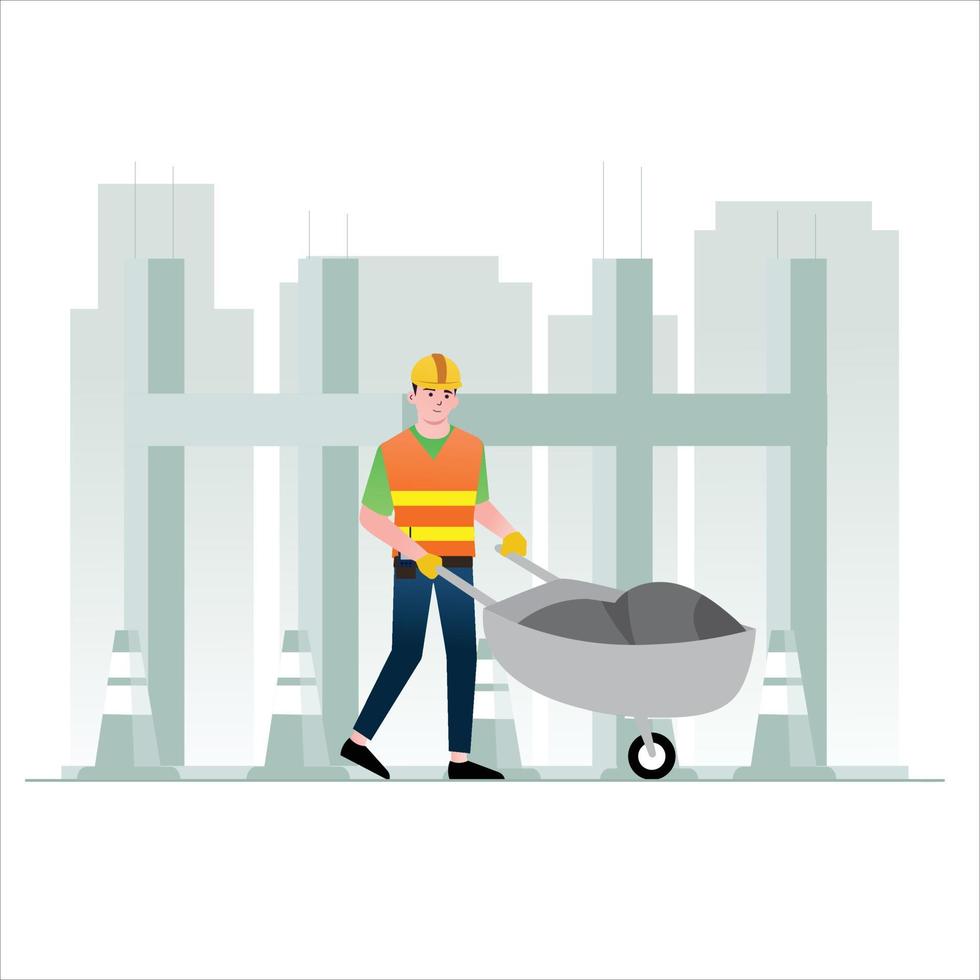 Illustration of a construction worker pushing a cart vector