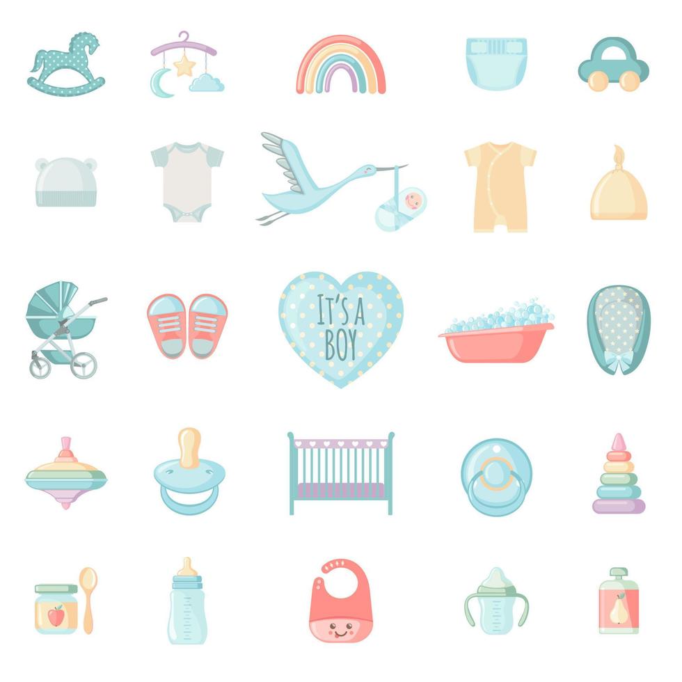 Set of cute baby elements for boy. Baby shower collection with toys and clothes. Vector illustration.