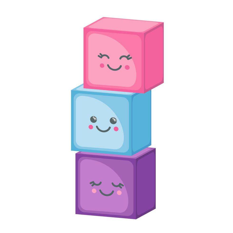 Multicolored kawaii tower cubes in flat style isolated on white background. Childrens toy. Vector illustration.