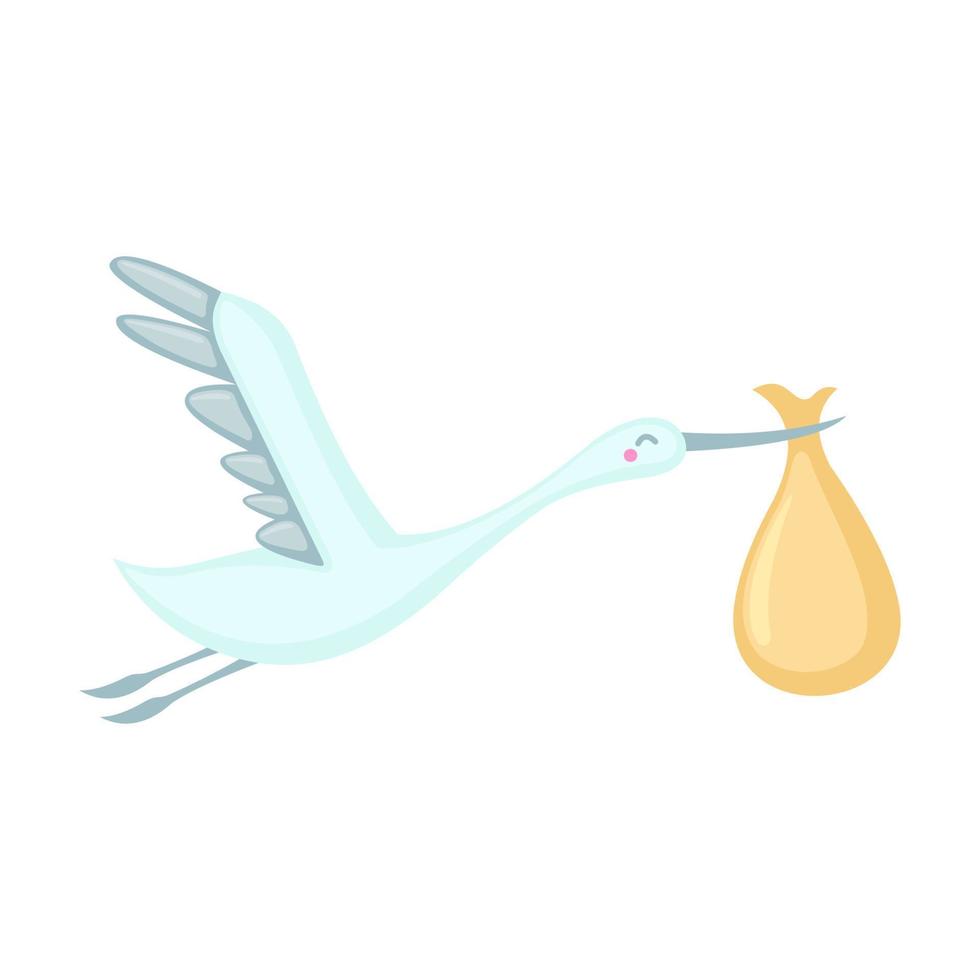 Stork icon delivering a newborn baby in flat style isolated on white background. Vector illustration.