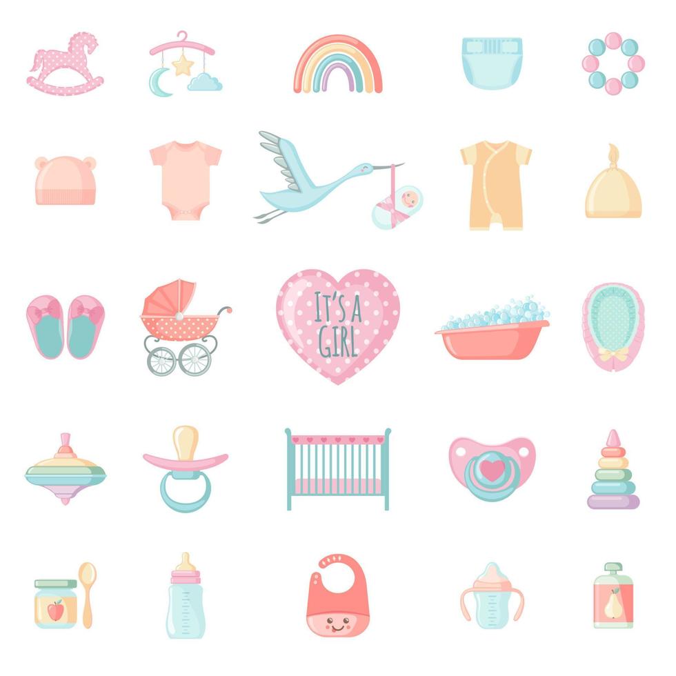Set of cute baby elements for girl. Baby shower collection with toys and clothes. Vector illustration.