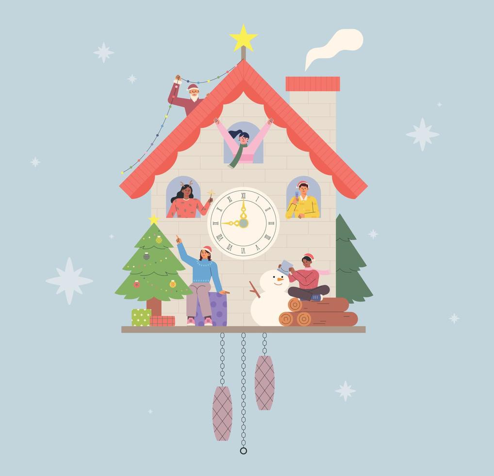 Christmas cuckoo clock. People are waving their hands in the cuckoo clock. vector