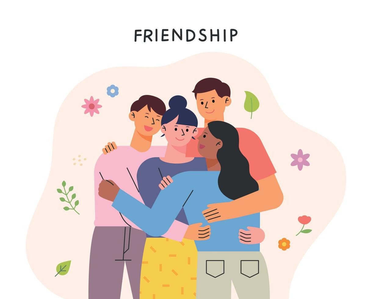 Friends hug a friend and comfort them warmly. flat design style vector illustration.