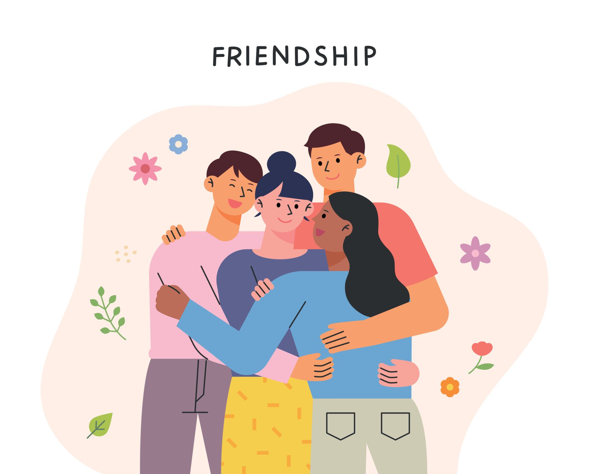 Friends hug a friend and comfort them warmly. flat design style vector