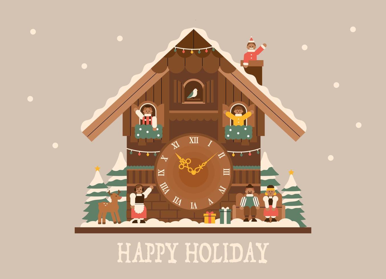 Christmas brown wooden cuckoo clock. In the cuckoo clock, dolls dressed in traditional European costumes are waving their hands. vector