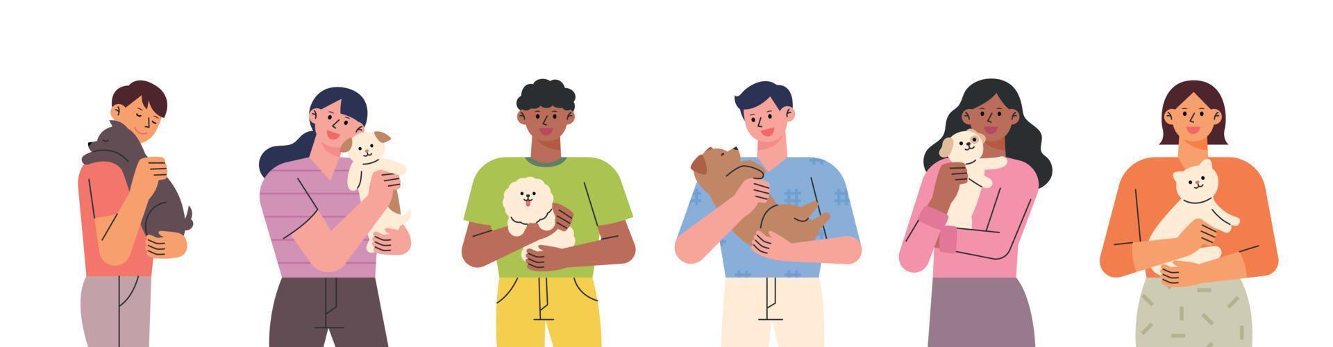 People are hugging small and cute pets. flat design style vector illustration.