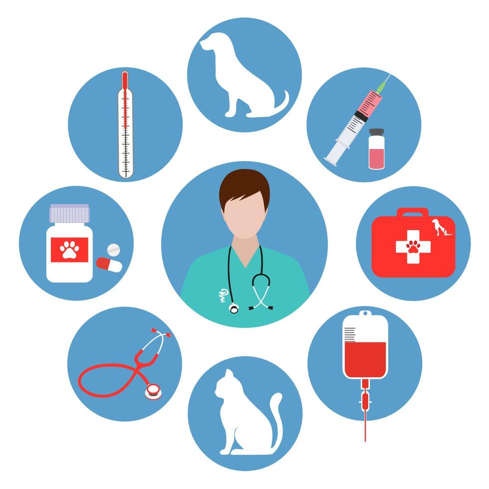 conjunto veterinario sobre un fondo azul vector