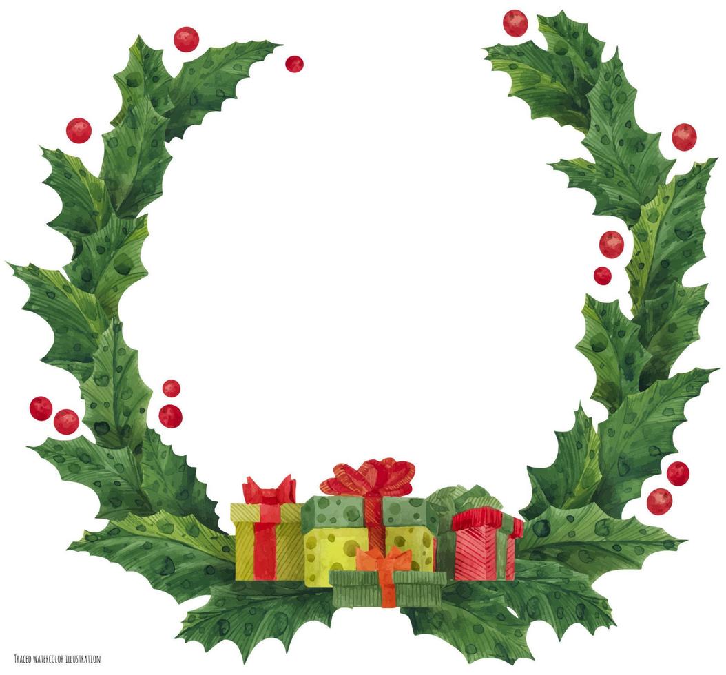 Christmas holly wreath with gift boxes and candy canes, watercolor illustration vector