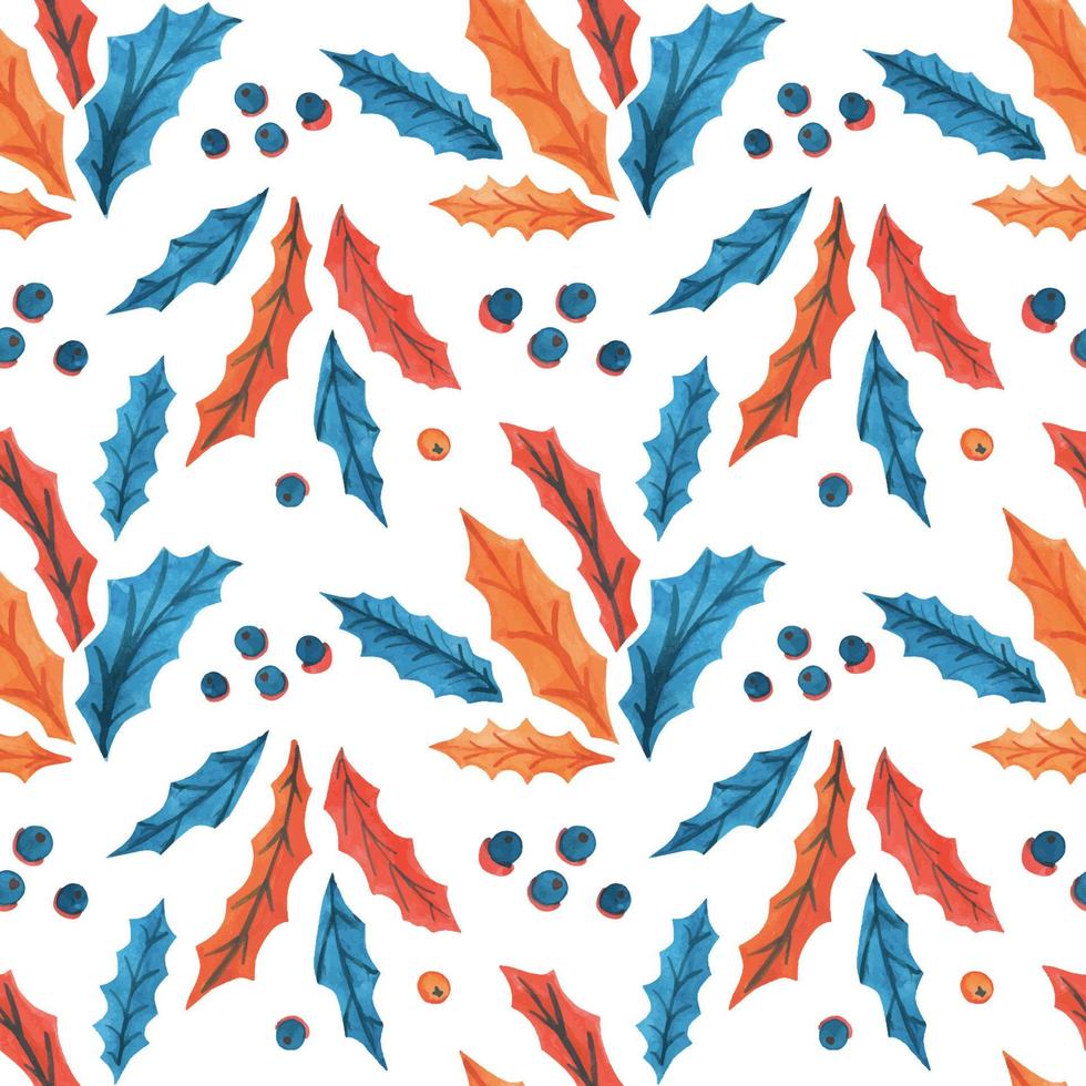 Christmas watercolor seamless patterns with holly leaves and berries vector